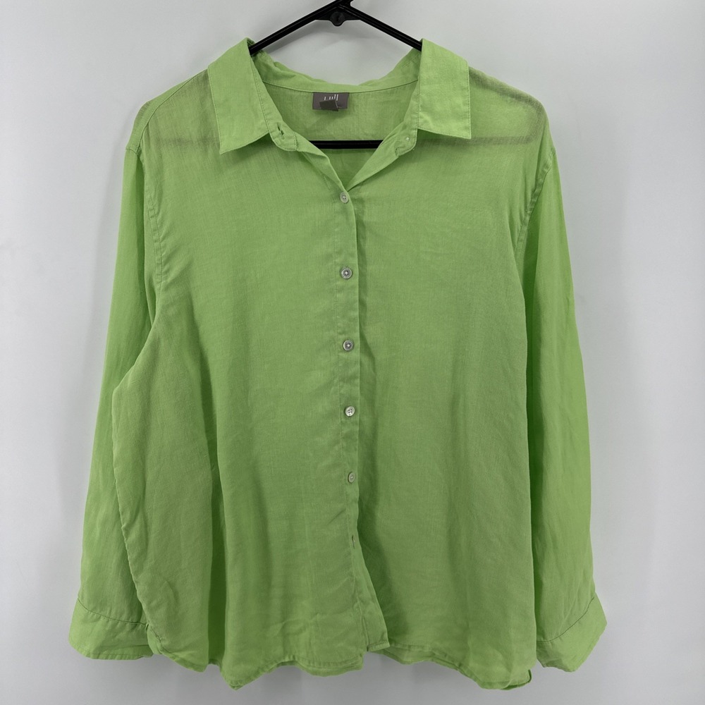 J. Jill Womens Linen Button Down Shirt Large Petite Green Lagenlook Coastal